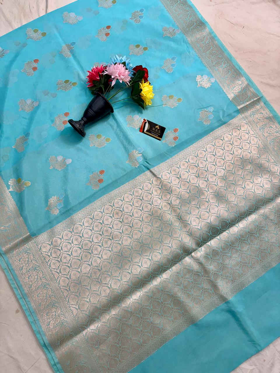 Sky Blue Viscose Banarasi Saree with Jacquard Zari Work