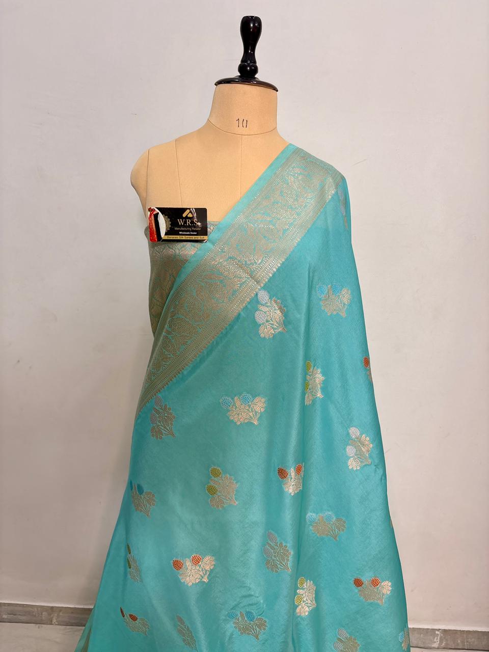 Sky Blue Viscose Banarasi Saree with Jacquard Zari Work