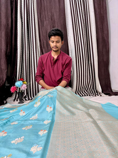 Sky Blue Viscose Banarasi Saree with Jacquard Zari Work