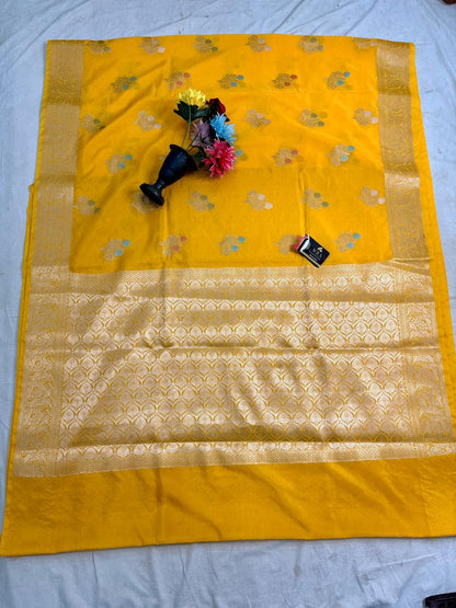 Bright Yellow Viscose Banarasi Saree with Jacquard Zari Work