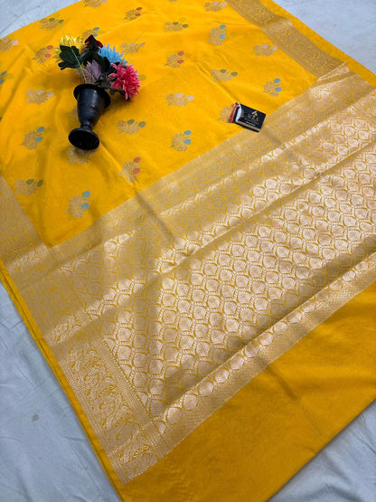 Bright Yellow Viscose Banarasi Saree with Jacquard Zari Work