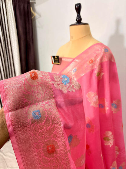 Rani Pink Viscose Banarasi Saree with Jacquard Zari Work