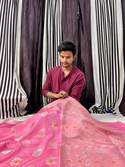 Rani Pink Viscose Banarasi Saree with Jacquard Zari Work