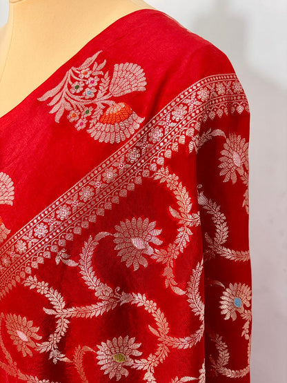 Classic Red Viscose Banarasi Saree with Jacquard Zari Work