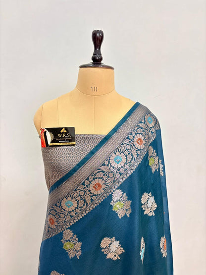 Teal Blue Viscose Banarasi Saree with Jacquard Zari Work