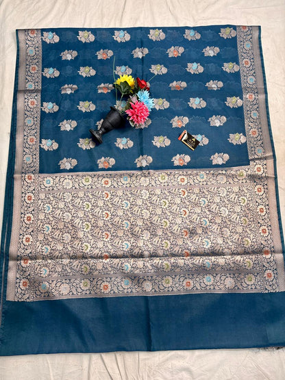 Teal Blue Viscose Banarasi Saree with Jacquard Zari Work