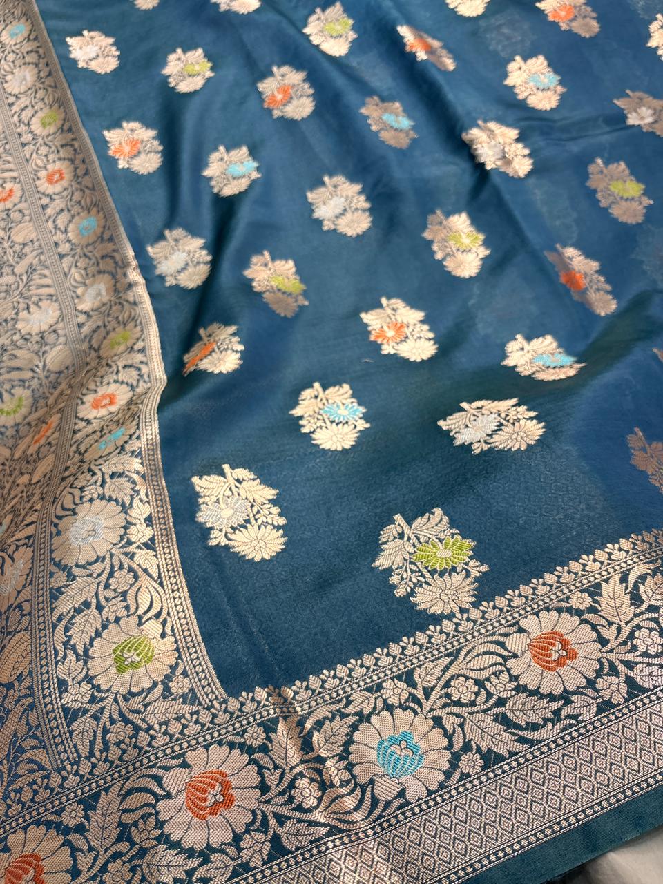 Teal Blue Viscose Banarasi Saree with Jacquard Zari Work