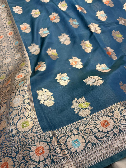 Teal Blue Viscose Banarasi Saree with Jacquard Zari Work