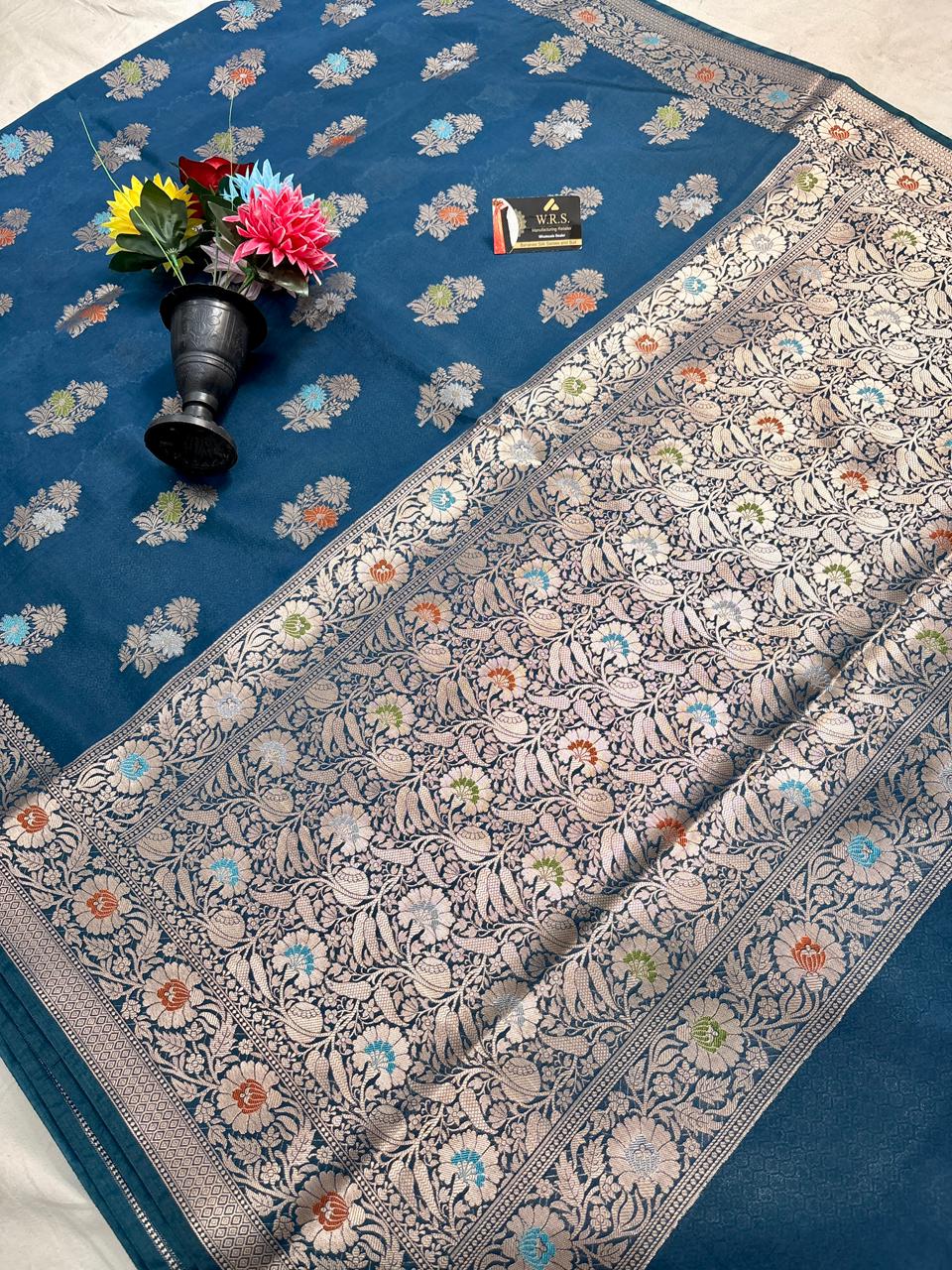 Teal Blue Viscose Banarasi Saree with Jacquard Zari Work