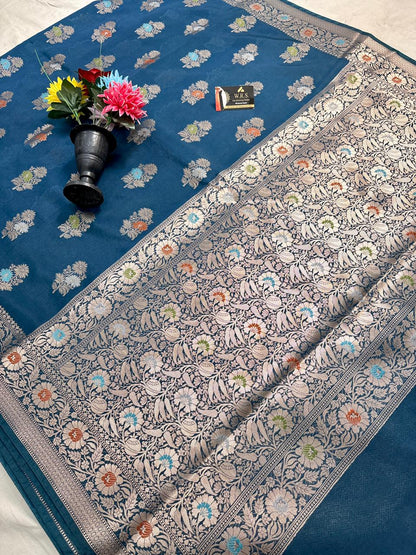 Teal Blue Viscose Banarasi Saree with Jacquard Zari Work