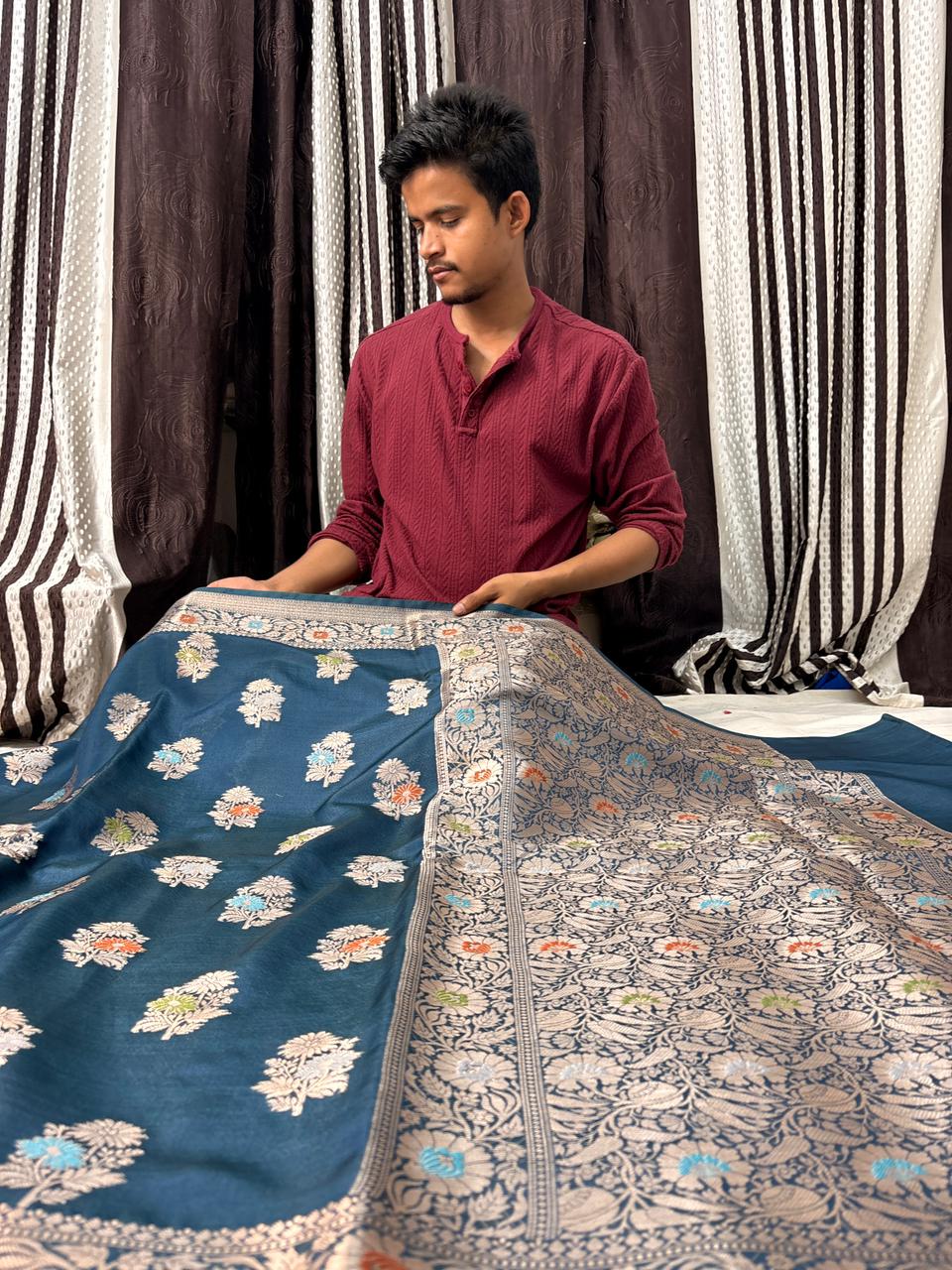 Teal Blue Viscose Banarasi Saree with Jacquard Zari Work