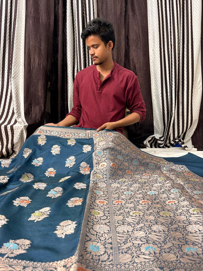 Teal Blue Viscose Banarasi Saree with Jacquard Zari Work