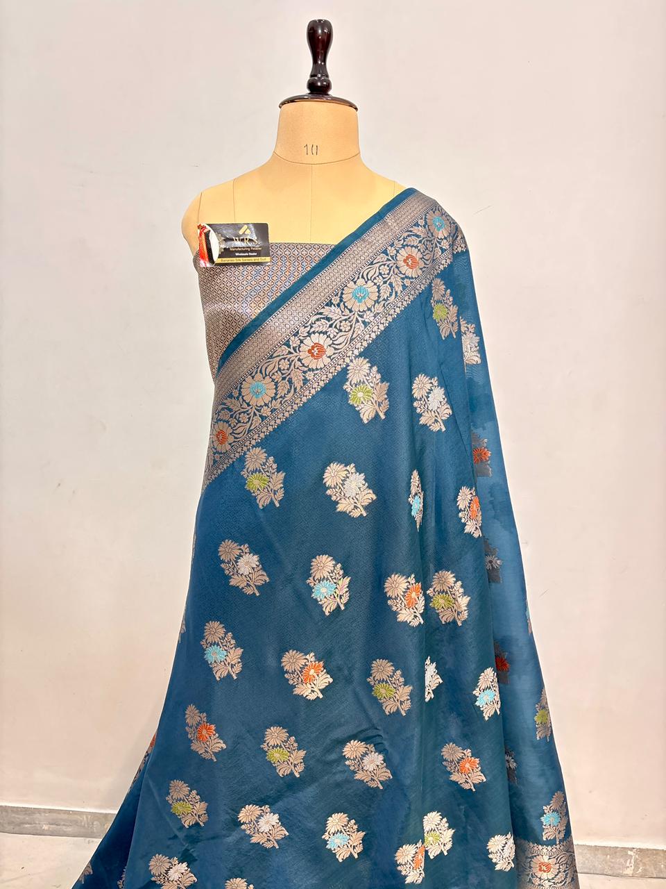 Teal Blue Viscose Banarasi Saree with Jacquard Zari Work