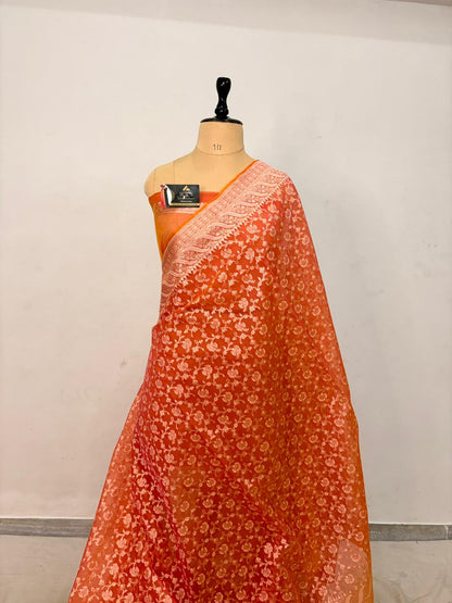 Orange Alfi Cotton Banarasi Saree with Jacquard Work