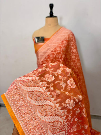 Orange Alfi Cotton Banarasi Saree with Jacquard Work