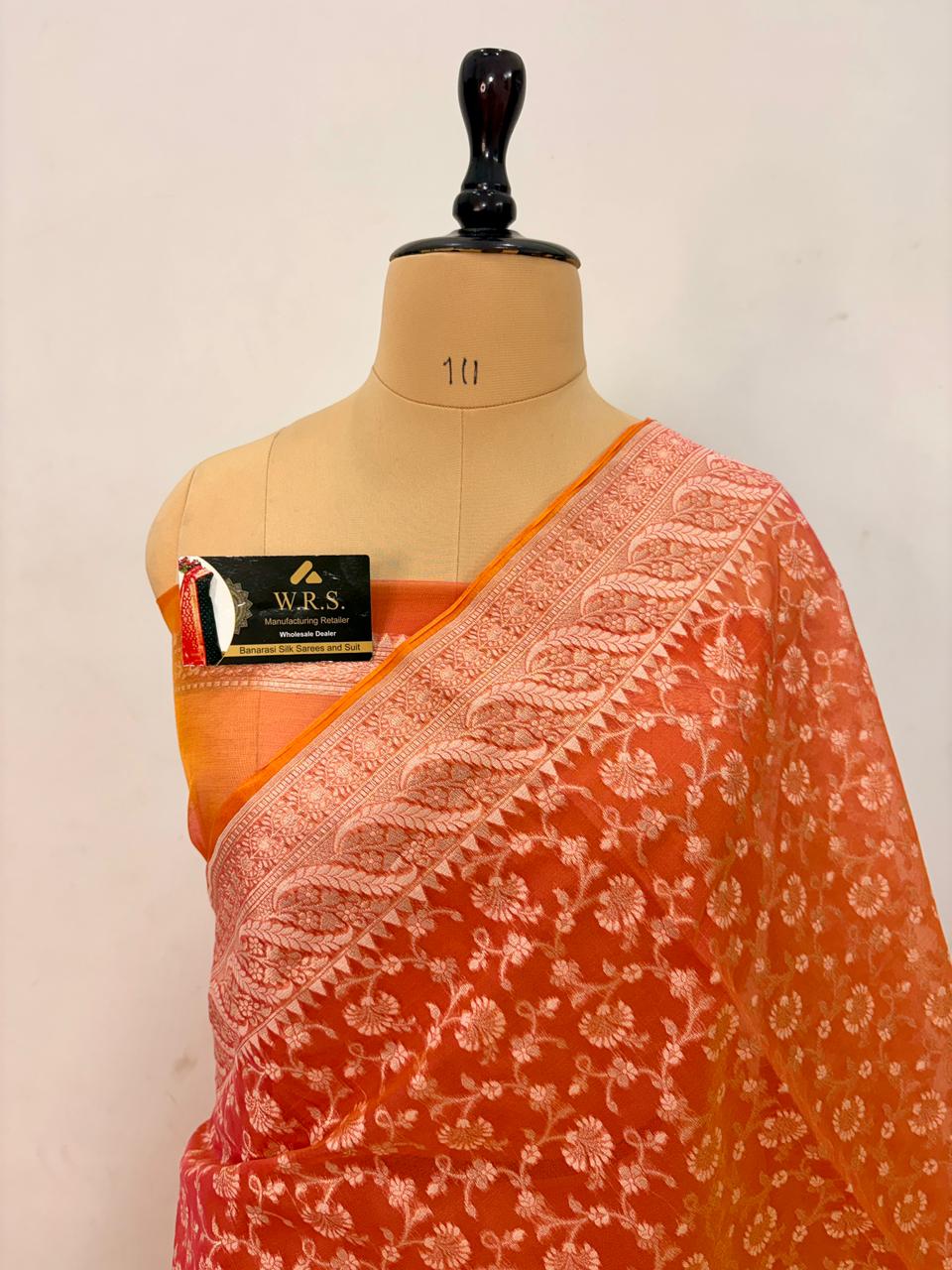 Orange Alfi Cotton Banarasi Saree with Jacquard Work