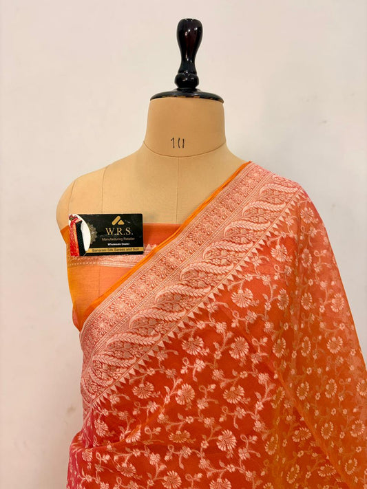 Orange Alfi Cotton Banarasi Saree with Jacquard Work