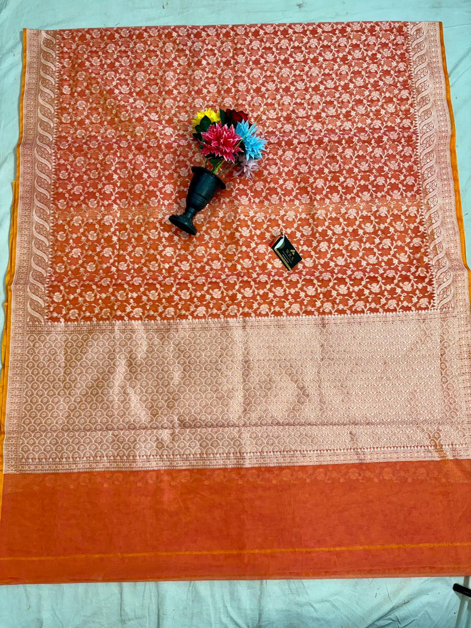 Orange Alfi Cotton Banarasi Saree with Jacquard Work
