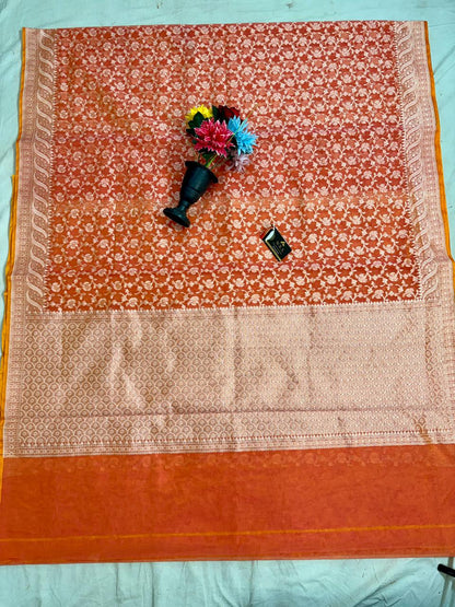 Orange Alfi Cotton Banarasi Saree with Jacquard Work