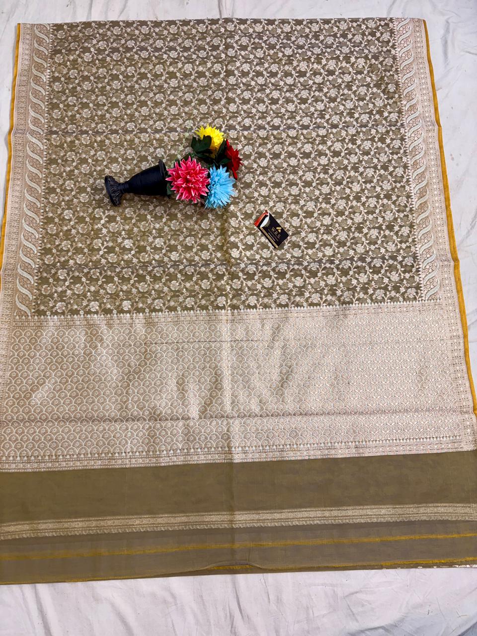 Beige Alfi Cotton Banarasi Saree with Jacquard Work