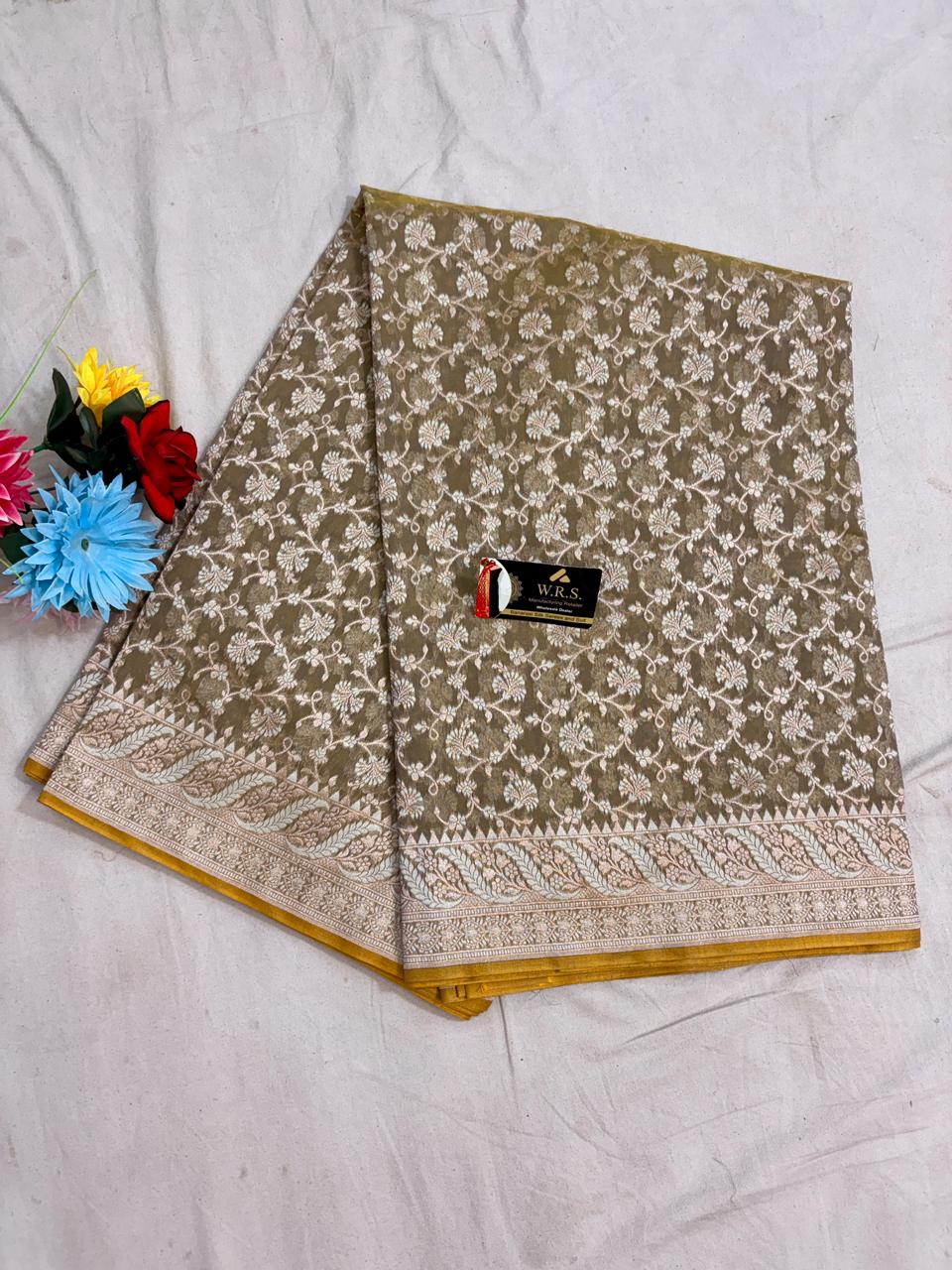 Beige Alfi Cotton Banarasi Saree with Jacquard Work