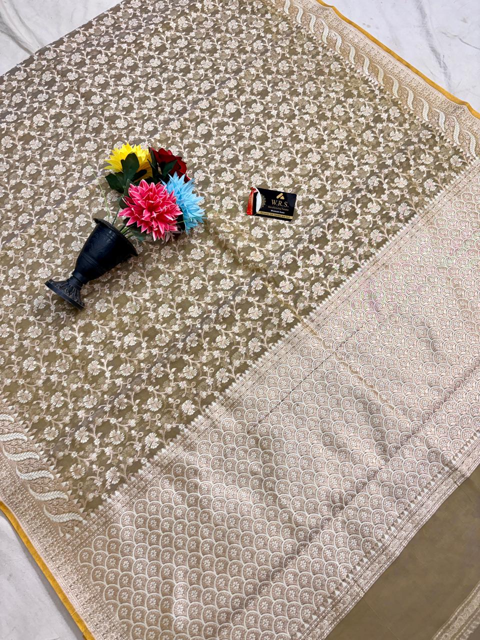 Beige Alfi Cotton Banarasi Saree with Jacquard Work