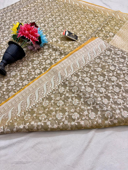 Beige Alfi Cotton Banarasi Saree with Jacquard Work