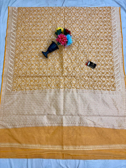 Mustard Gold Alfi Cotton Banarasi Saree with Jacquard Work