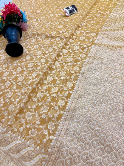 Mustard Gold Alfi Cotton Banarasi Saree with Jacquard Work