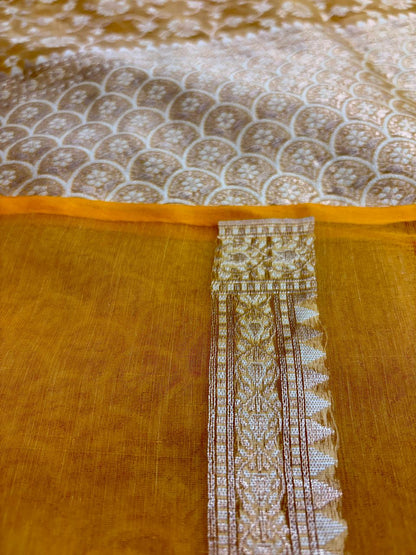 Mustard Gold Alfi Cotton Banarasi Saree with Jacquard Work