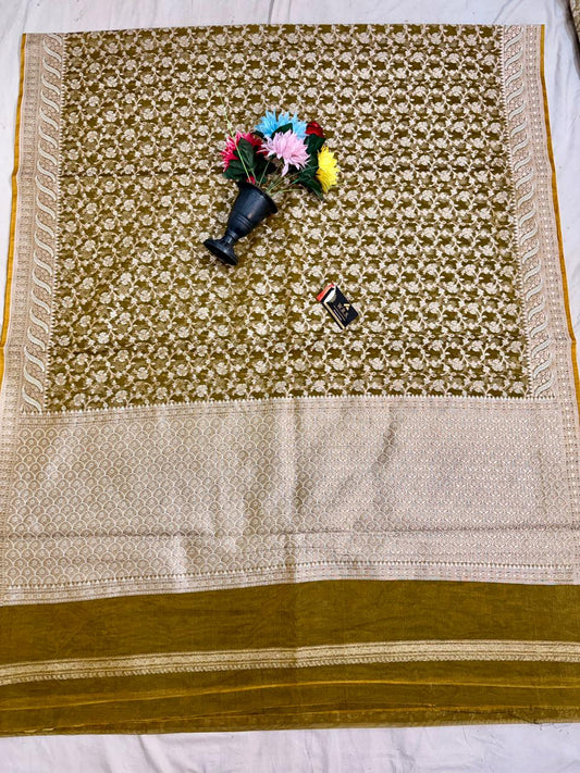 Olive Green Alfi Cotton Banarasi Saree with Jacquard Work