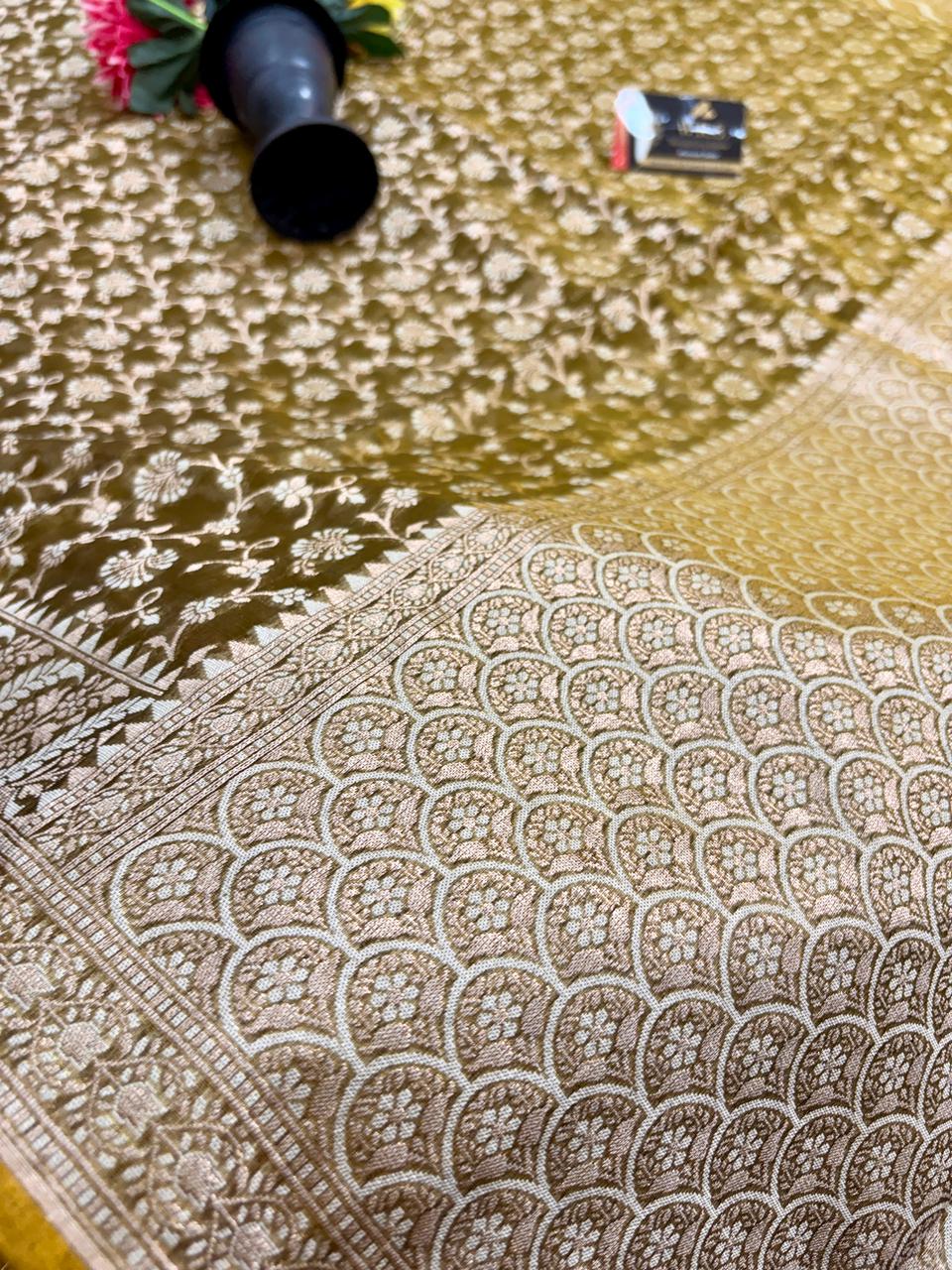 Olive Green Alfi Cotton Banarasi Saree with Jacquard Work
