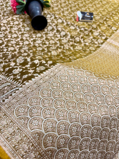 Olive Green Alfi Cotton Banarasi Saree with Jacquard Work