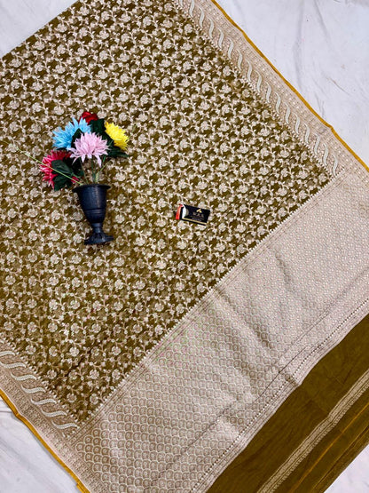 Olive Green Alfi Cotton Banarasi Saree with Jacquard Work