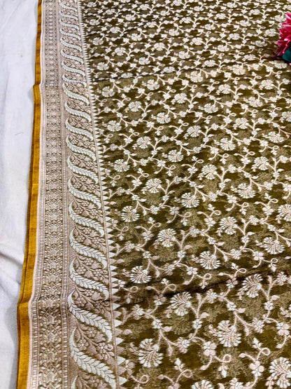 Olive Green Alfi Cotton Banarasi Saree with Jacquard Work