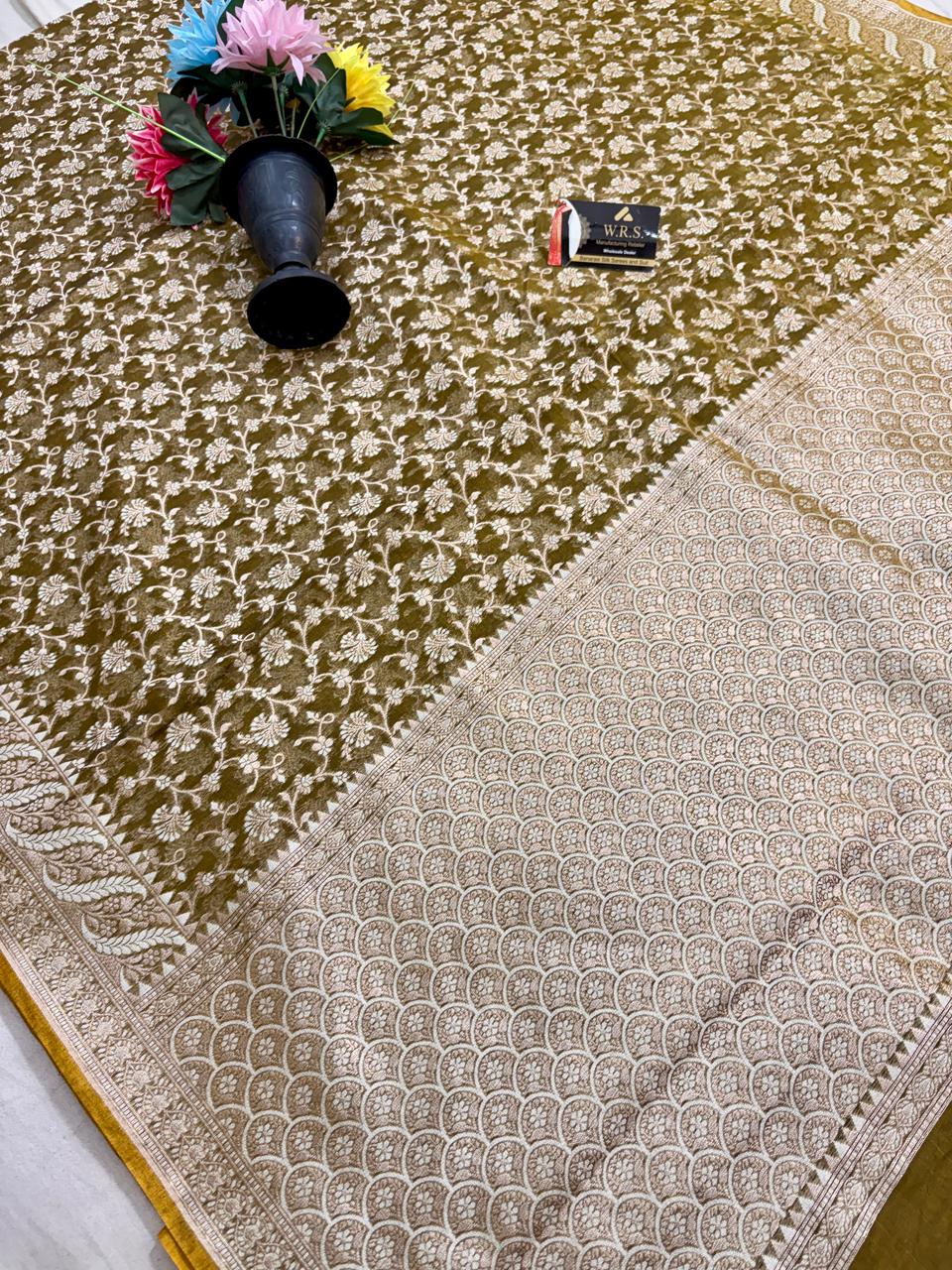 Olive Green Alfi Cotton Banarasi Saree with Jacquard Work