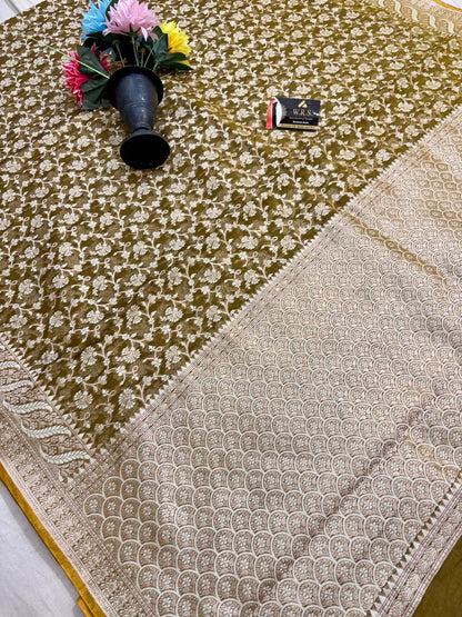 Olive Green Alfi Cotton Banarasi Saree with Jacquard Work
