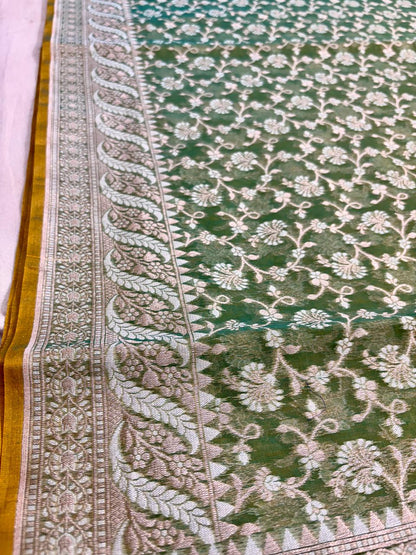 Pista Green Alfi Cotton Banarasi Saree with Rich Jacquard Weaving