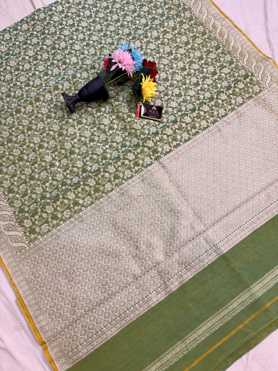 Pista Green Alfi Cotton Banarasi Saree with Rich Jacquard Weaving