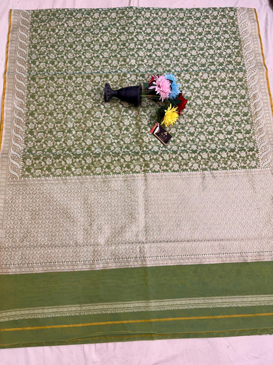Pista Green Alfi Cotton Banarasi Saree with Rich Jacquard Weaving