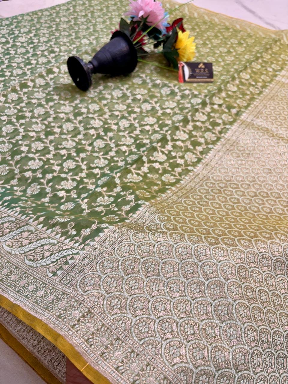 Pista Green Alfi Cotton Banarasi Saree with Rich Jacquard Weaving
