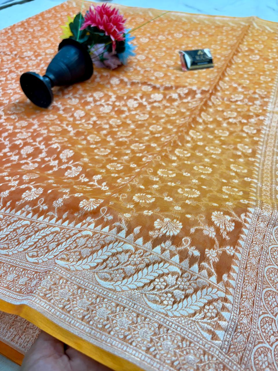Orange Alfi Cotton Banarasi Saree – Soft, Elegant & Traditional