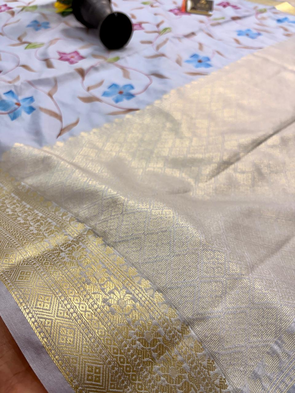 Silver Grey Chiniya Silk Banarasi Saree – Soft, Elegant & Traditional
