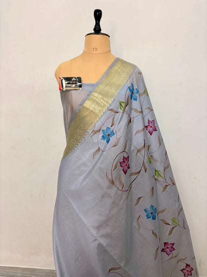 Silver Grey Chiniya Silk Banarasi Saree – Soft, Elegant & Traditional