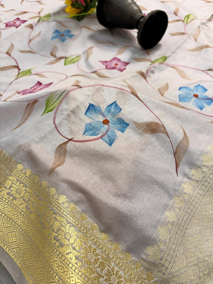 Silver Grey Chiniya Silk Banarasi Saree – Soft, Elegant & Traditional