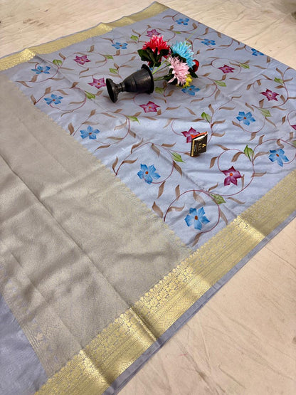 Silver Grey Chiniya Silk Banarasi Saree – Soft, Elegant & Traditional