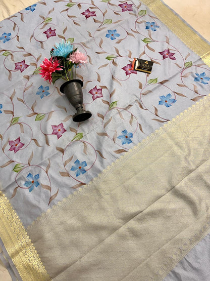 Silver Grey Chiniya Silk Banarasi Saree – Soft, Elegant & Traditional