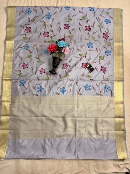 Silver Grey Chiniya Silk Banarasi Saree – Soft, Elegant & Traditional