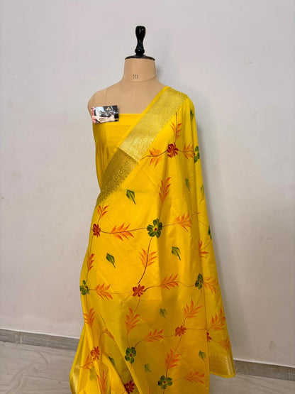 Yellow Chiniya Silk Banarasi Saree – Soft, Elegant &amp; Traditional