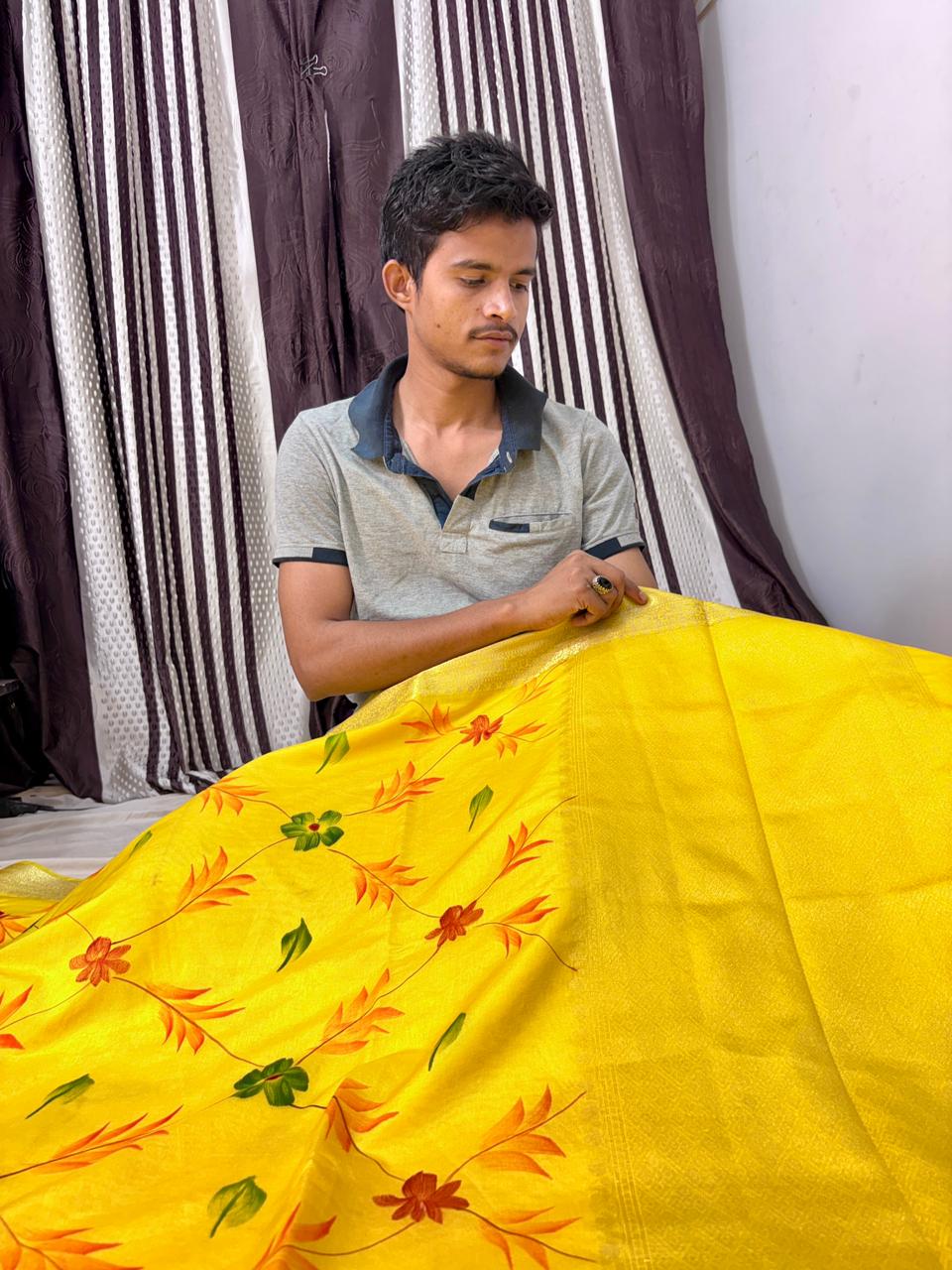 Yellow Chiniya Silk Banarasi Saree – Soft, Elegant &amp; Traditional